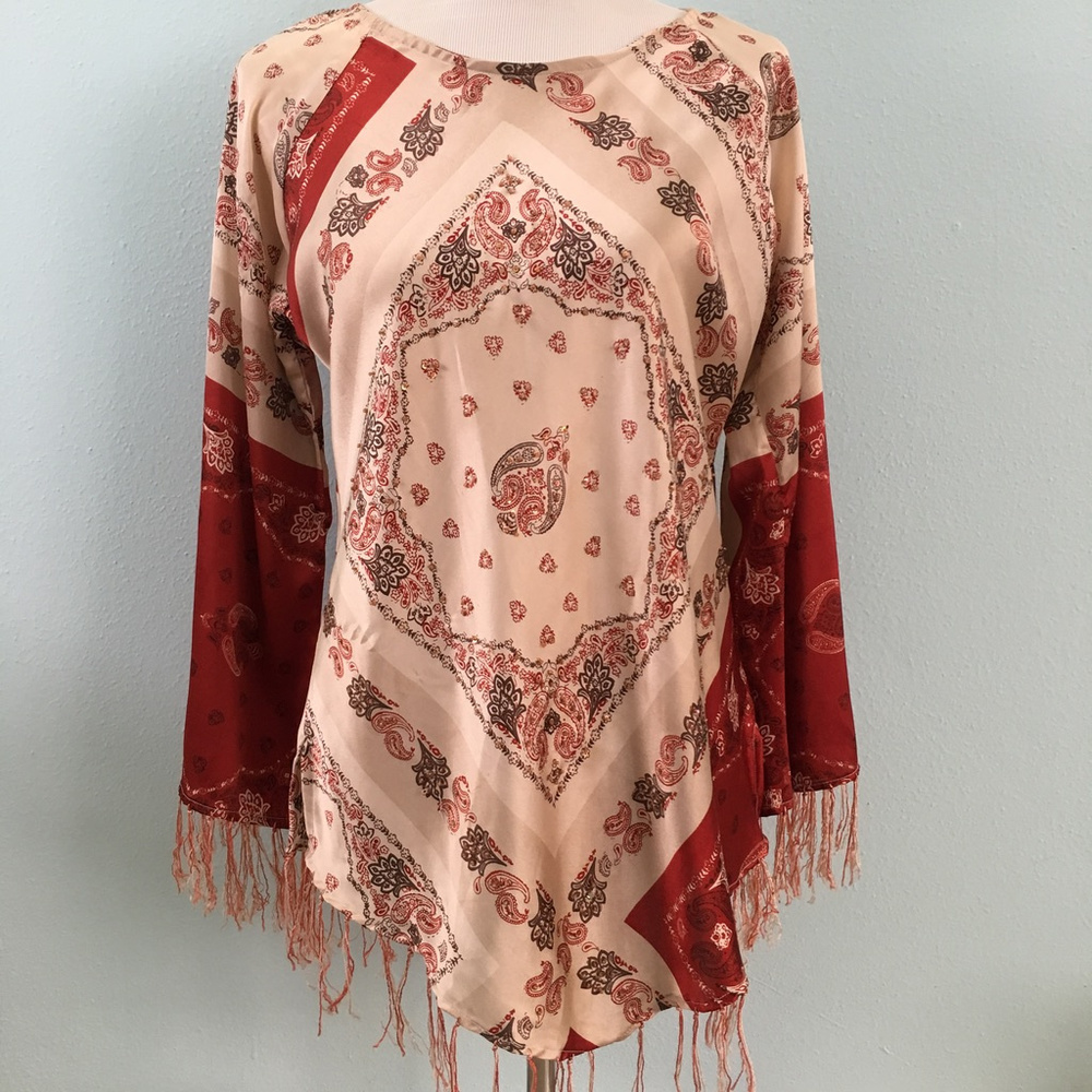 Silk-Feel Blouse with Fringes & Beaded Detailing